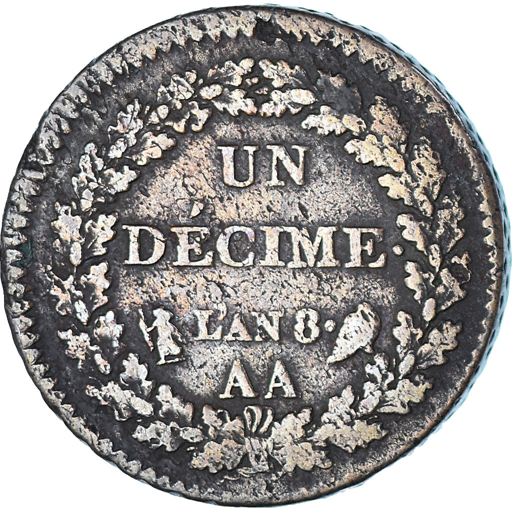 France, Dupré, Decime, AN 8 (1799-1800), Metz, VF(20-25), Bronze, KM:644.2