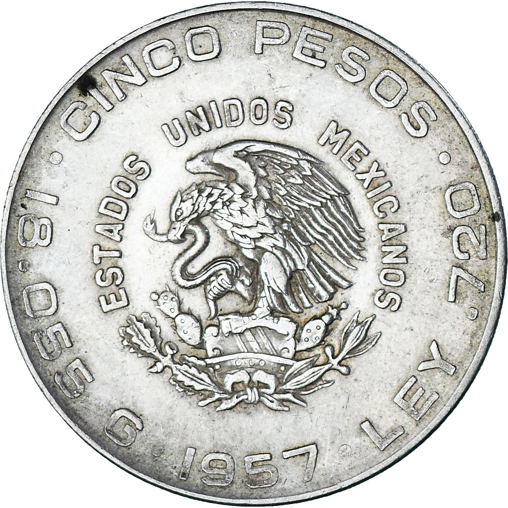 Coin, Mexico, 5 Pesos, 1957, Mexico City, EF(40-45), Silver, KM:469