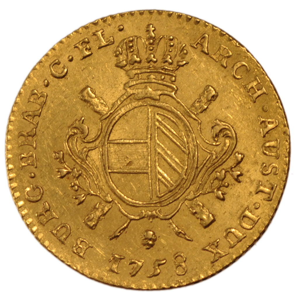 Belgium, Double Souverain d'or, 1758, Brussels, KM #23, AU(50-53), Gold, 11.09