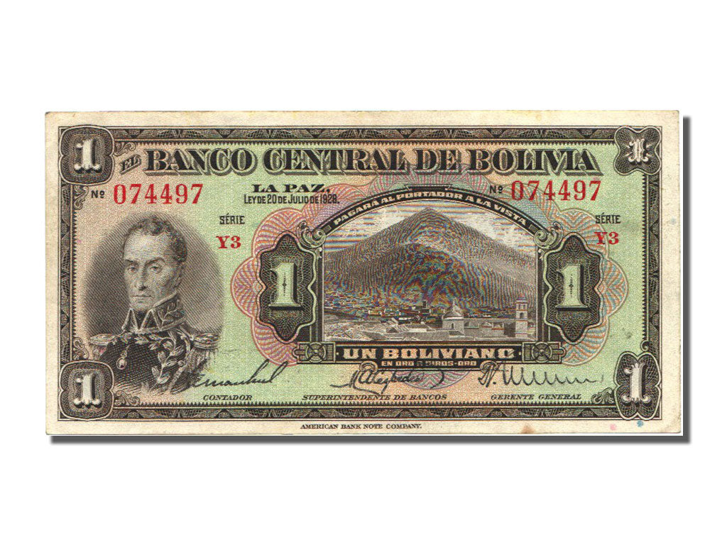 Bolivia, 1 Boliviano, 1928, KM #118a, 1928-07-20, EF(40-45), Y