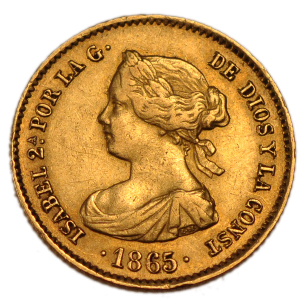 SPAIN, 4 Escudos, 1865, Madrid, KM #631.1, EF(40-45), Gold, 3.39