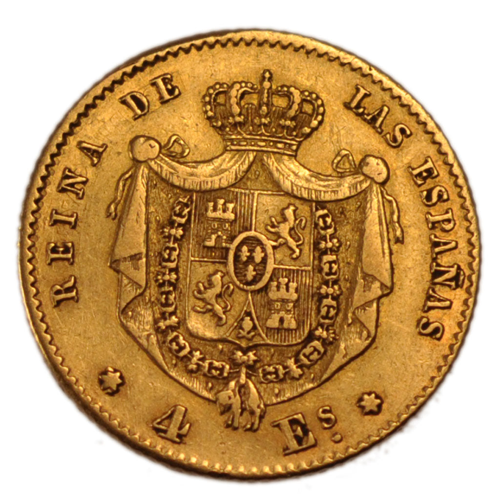 SPAIN, 4 Escudos, 1865, Madrid, KM #631.1, EF(40-45), Gold, 3.39