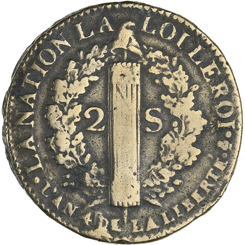 Francja, Louis XVI, 2 Sols, 1792 / AN 4, Paris, EF(40-45), Brązowy, KM:603.1