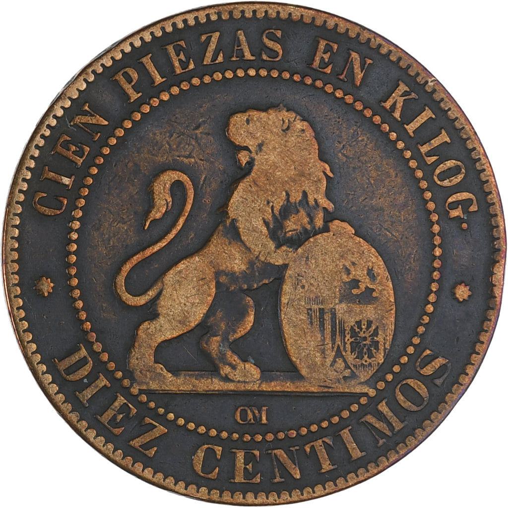 Coin, Spain, Provisional Government, 10 Centimos, 1870, EF(40-45), Copper