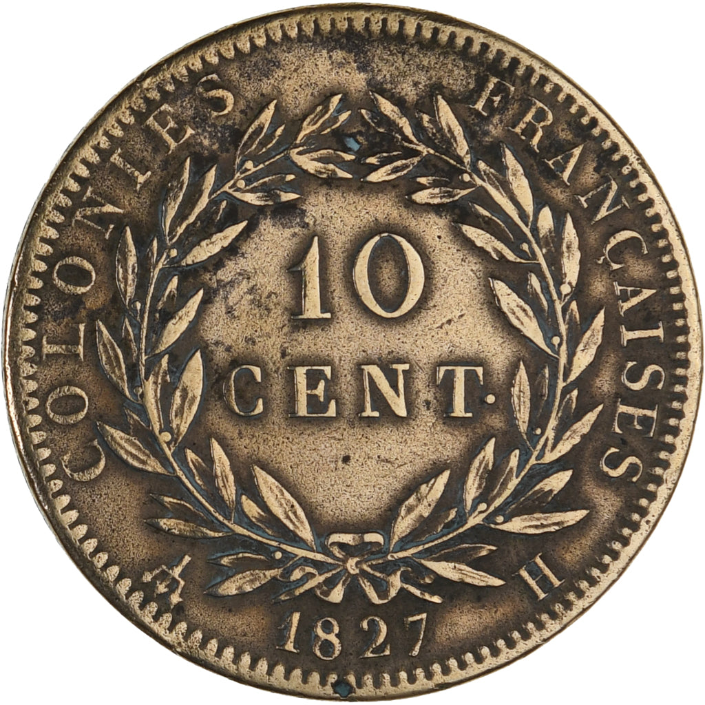 FRENCH COLONIES, Charles X, 10 Centimes, 1827, La Rochelle, AU(50-53), Bronze