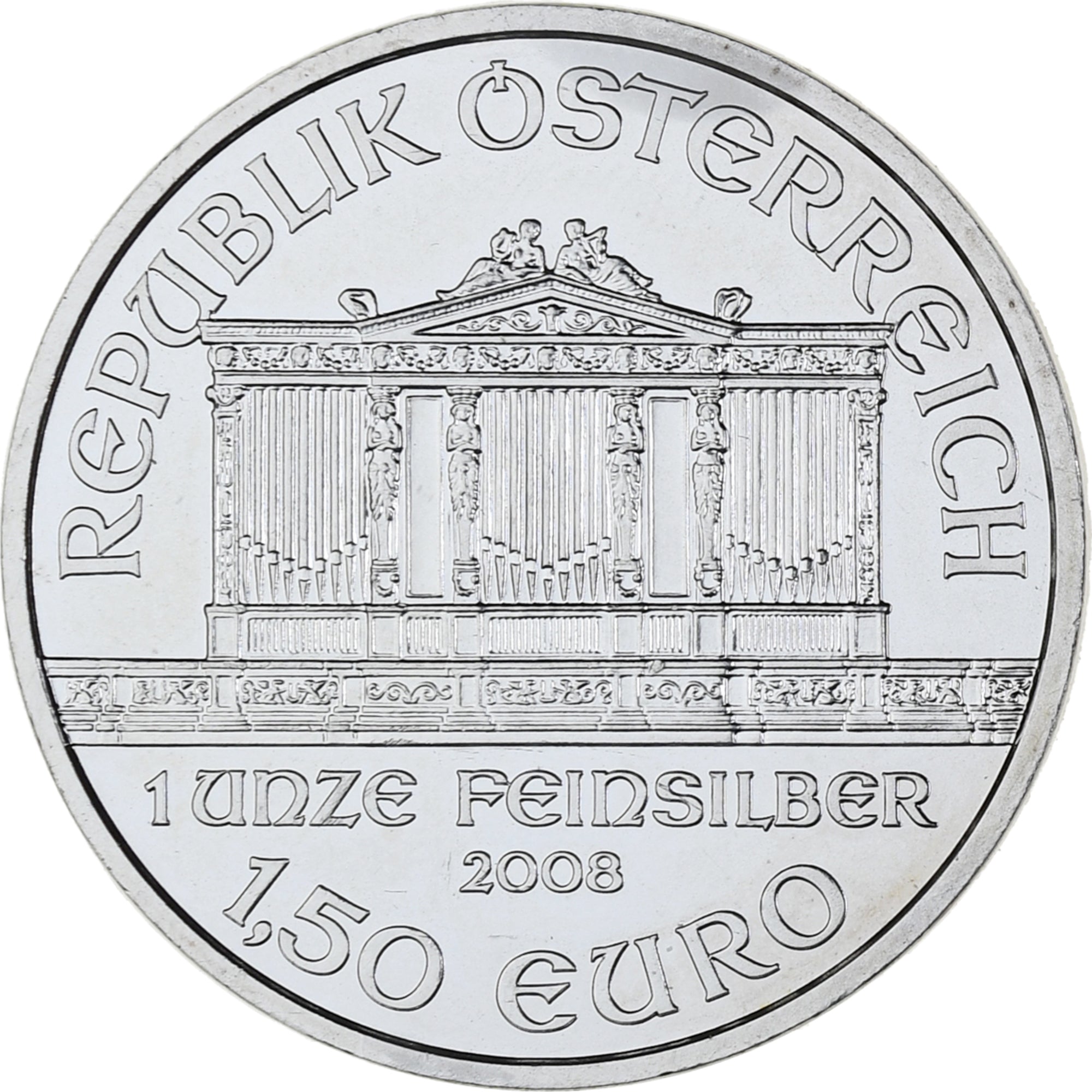 Austria, 1.5 EURO, Vienna Philharmonic, 2008, 1 Oz, MS(63), Silver