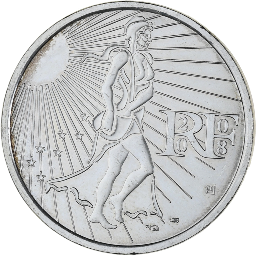 França, 15 Euro, Semeuse, 2008, MS(63), Prata, KM:1535
