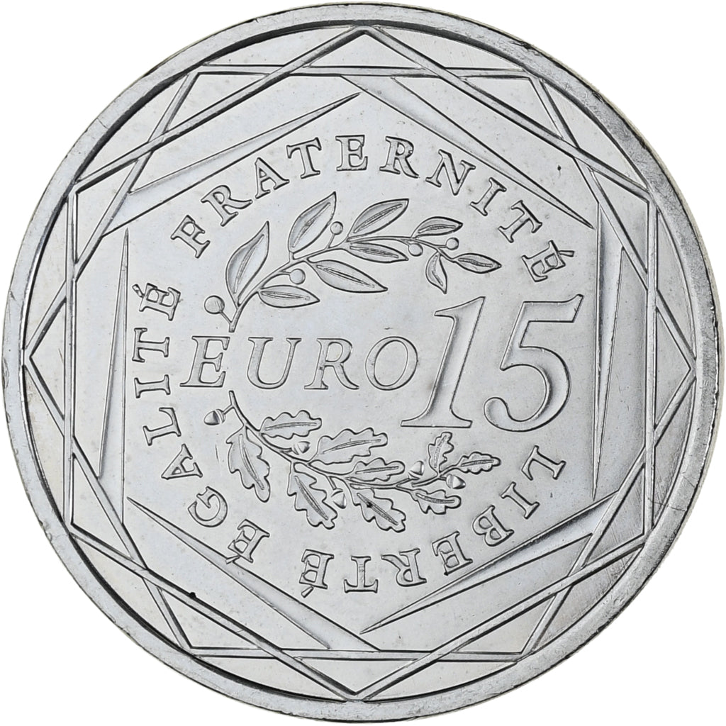 França, 15 Euro, Semeuse, 2008, MS(63), Prata, KM:1535