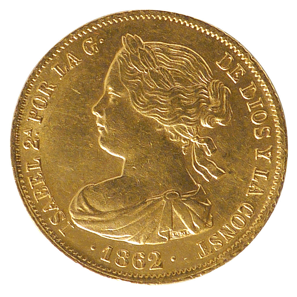 Spain, 100 Reales, 1862, Madrid, KM #605.3, AU(55-58), Gold, 8.37