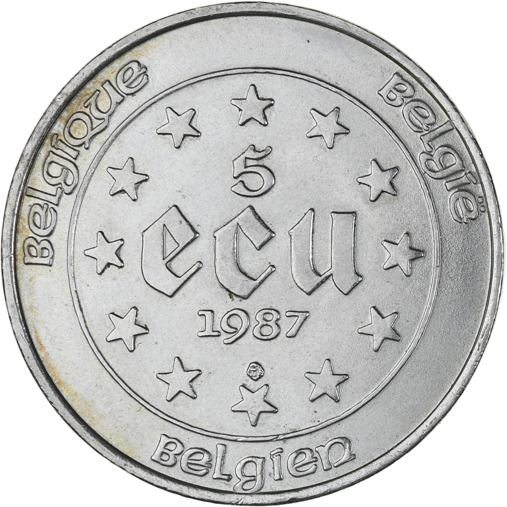 Coin, Belgium, 5 Ecu, 1987, MS(63), Silver, KM:166