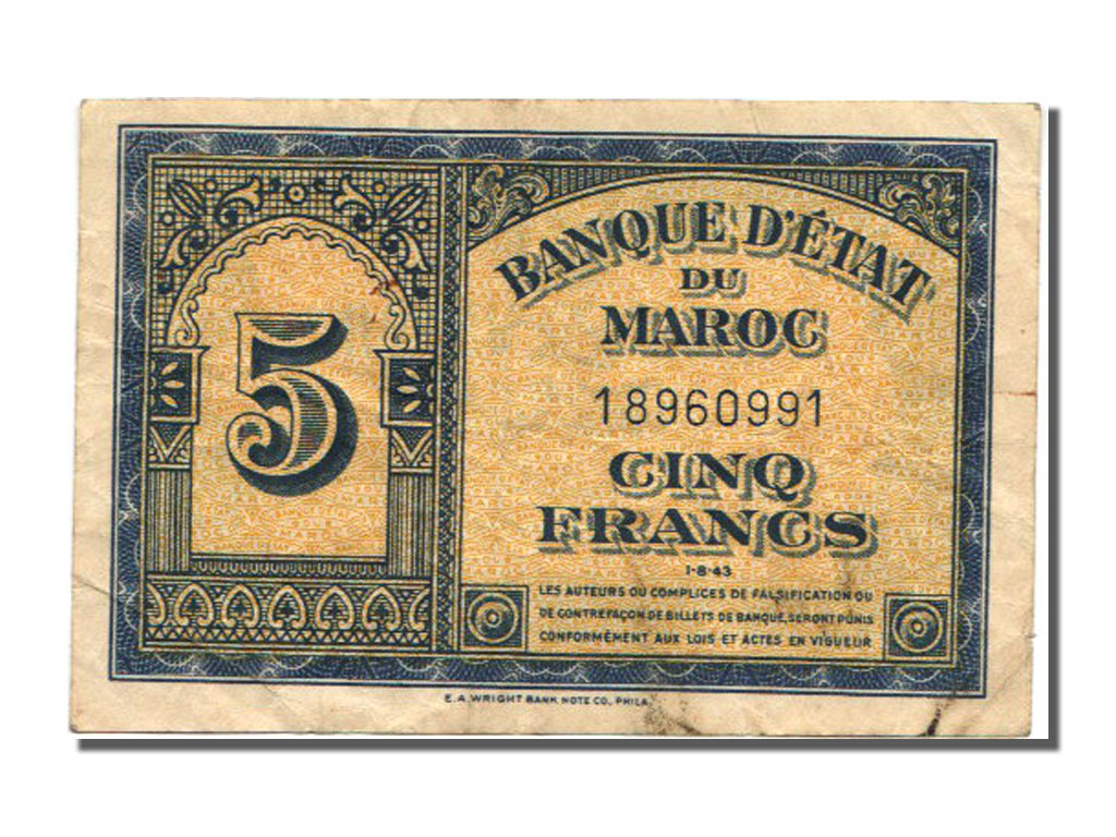 Morocco, 5 Francs, 1943, KM #24, 1943-08-01, EF(40-45)