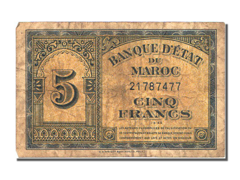Morocco, 5 Francs, 1944, KM #24, 1944-03-01, VF(30-35)