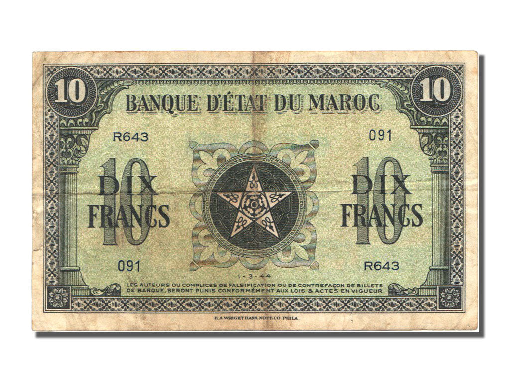 Morocco, 10 Francs, 1944, KM #25a, 1944-03-01, EF(40-45), R
