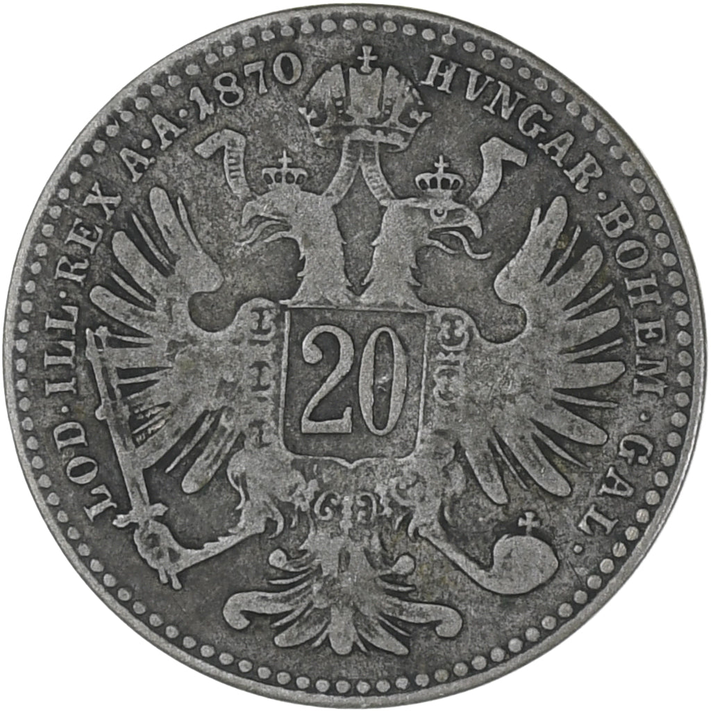 Coin, Austria, Franz Joseph I, 20 Kreuzer, 1870, EF(40-45), Silver, KM:2212
