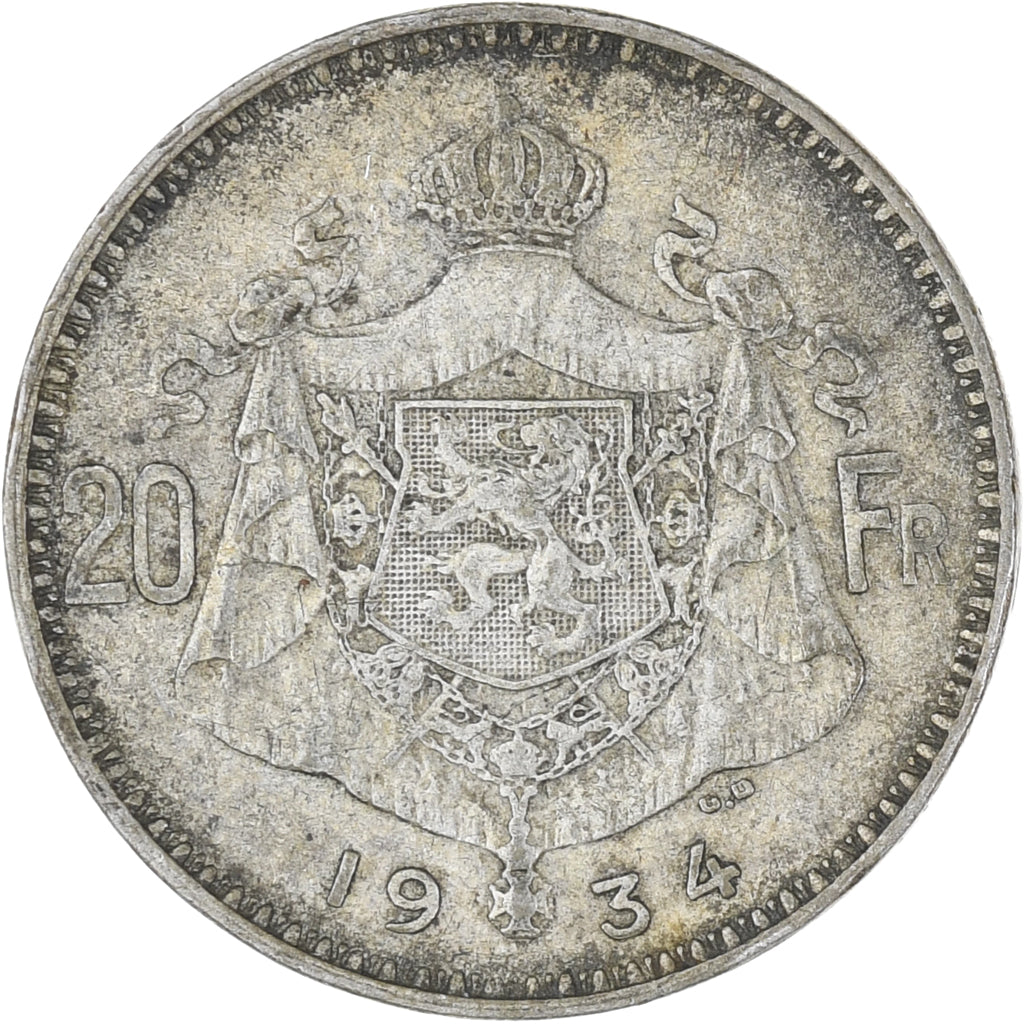 Coin, Belgium, 20 Francs, 20 Frank, 1934, EF(40-45), Silver, KM:104.1