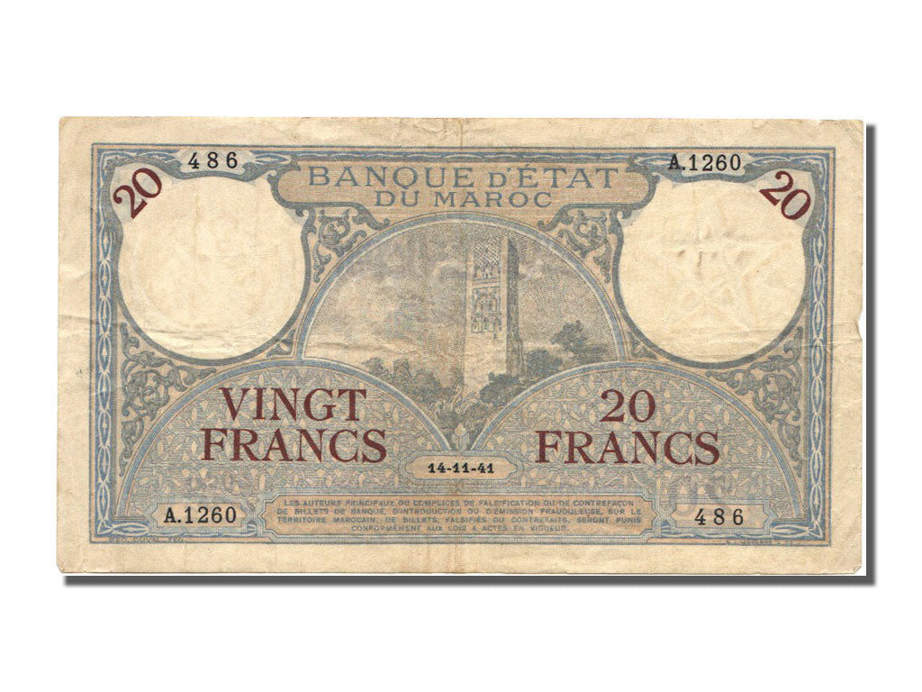Morocco, 20 Francs, 1941, KM #18b, 1941-11-14, EF(40-45), A