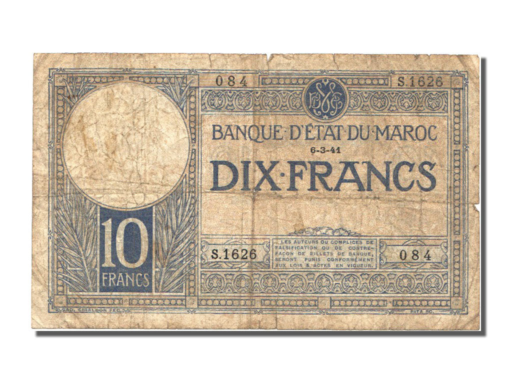 Morocco, 10 Francs, 1941, 1941-03-06, VF(20-25), S