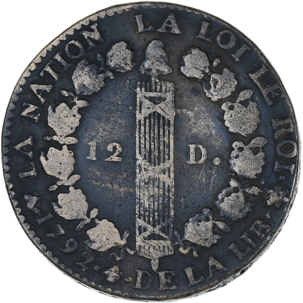 Frankreich, Louis XVI, 12 Deniers, 1792 / AN 4, Strasbourg, S+, Bronze, KM:601