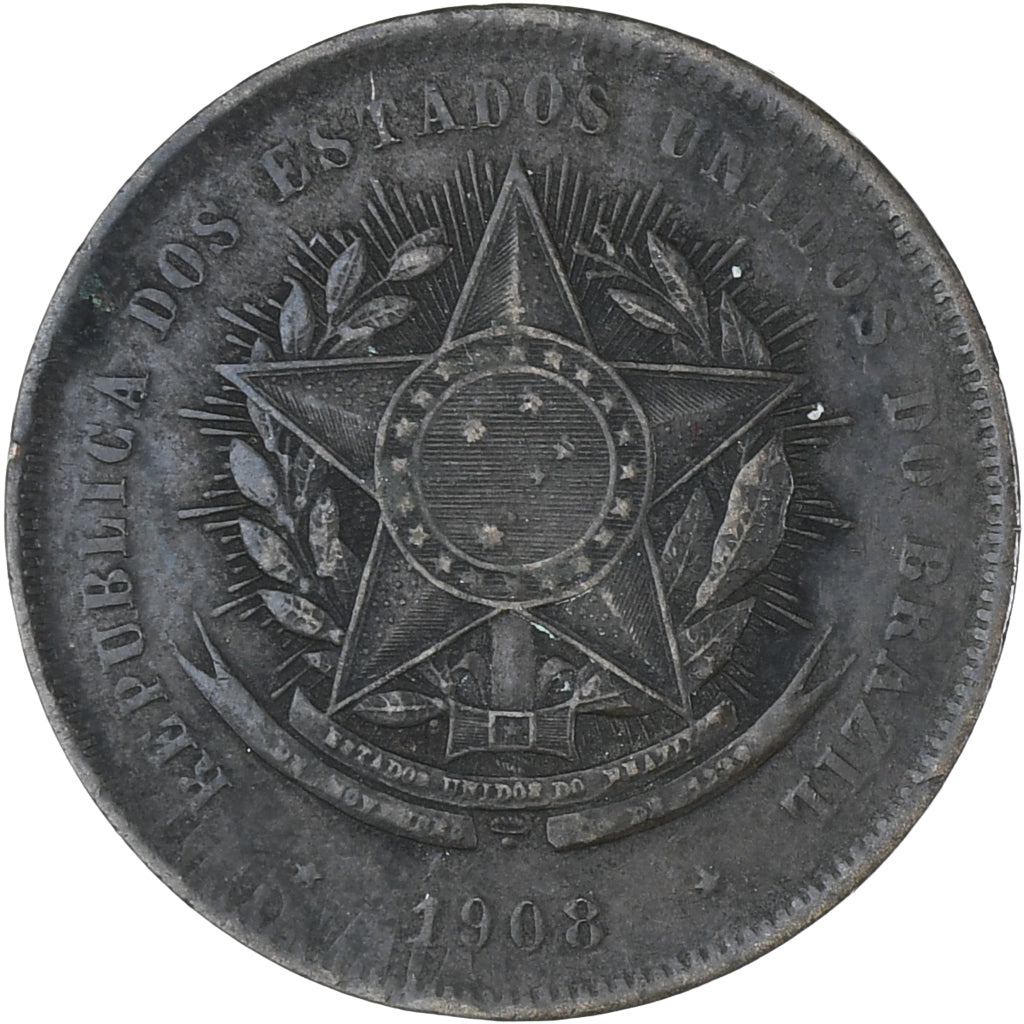 Coin, Brazil, 20 Reis, 1908, EF(40-45), Bronze, KM:490