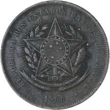 Coin, Brazil, 20 Reis, 1908, EF(40-45), Bronze, KM:490