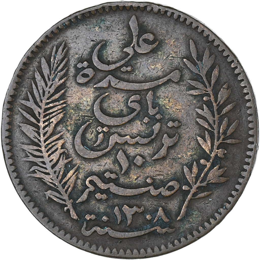 Moneta, Tunisia, Ali Bey, 10 Centimes, 1891, Paris, MB+, Bronzo, KM:222
