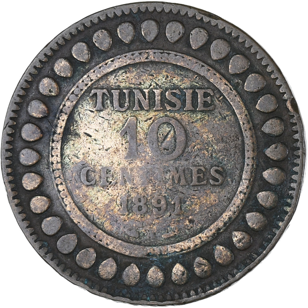 Moneta, Tunisia, Ali Bey, 10 Centimes, 1891, Paris, MB+, Bronzo, KM:222