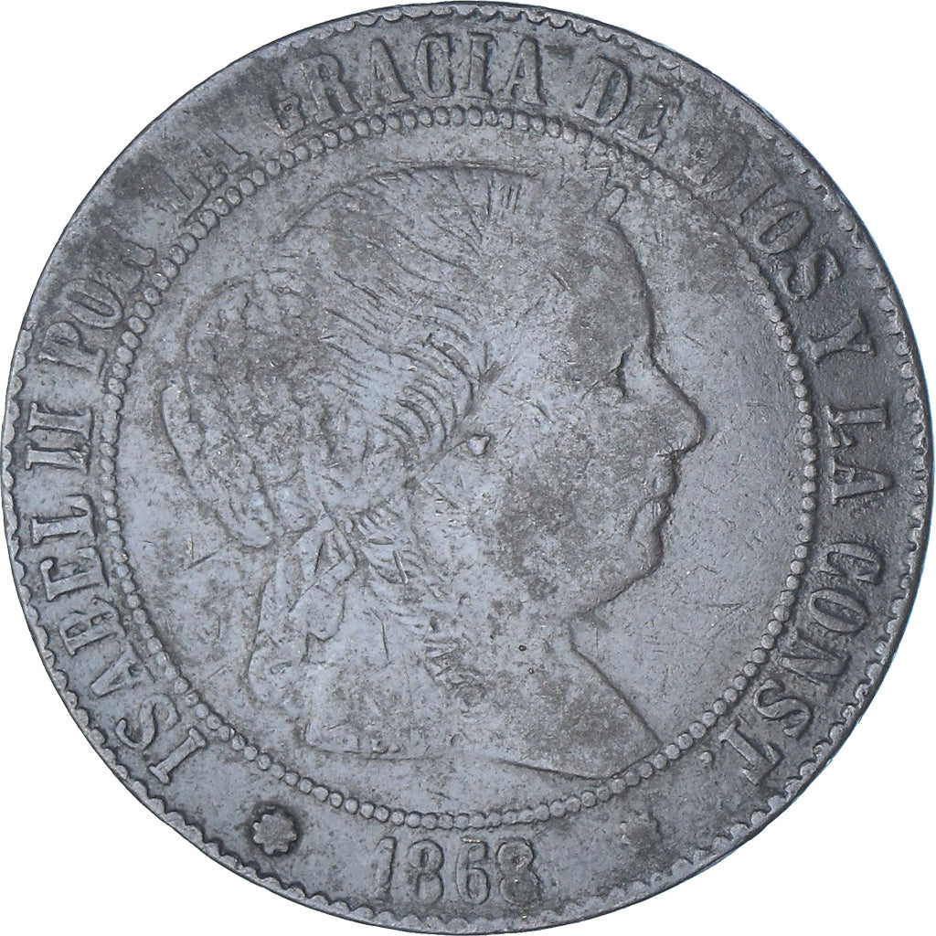 Moneda, España, Isabel II, 5 Centimos, 1868, BC+, Cobre, KM:635.1