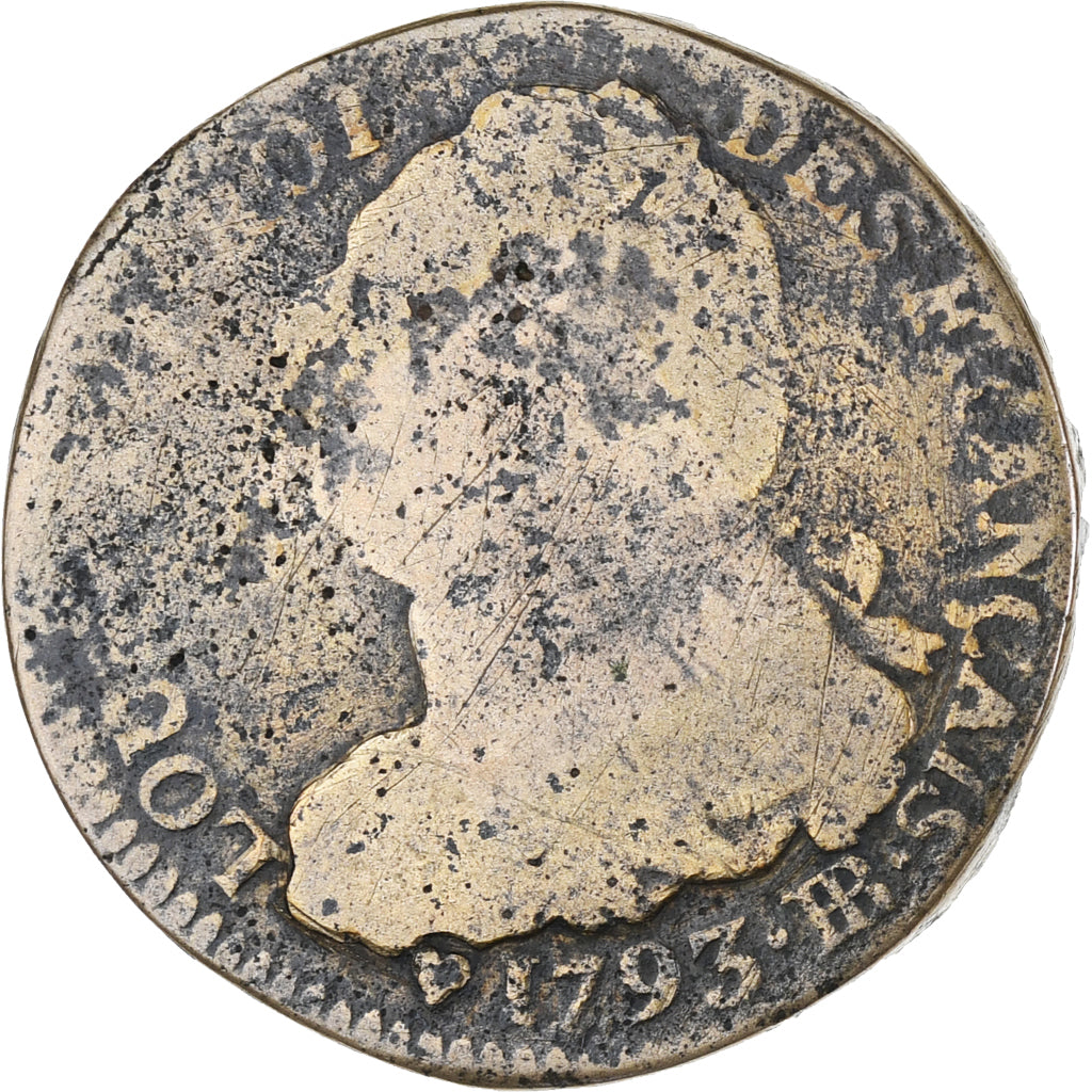 Frankreich, Louis XVI, 2 Sols, 1793, Strasbourg, SGE+, Bronze, KM:612