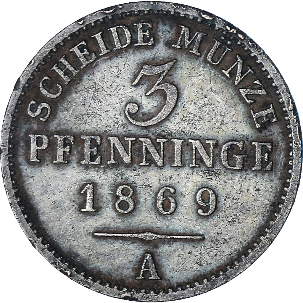 Münze, Deutsch Staaten, PRUSSIA, Wilhelm I, 3 Pfennig, 1869, SS, Kupfer, KM:482