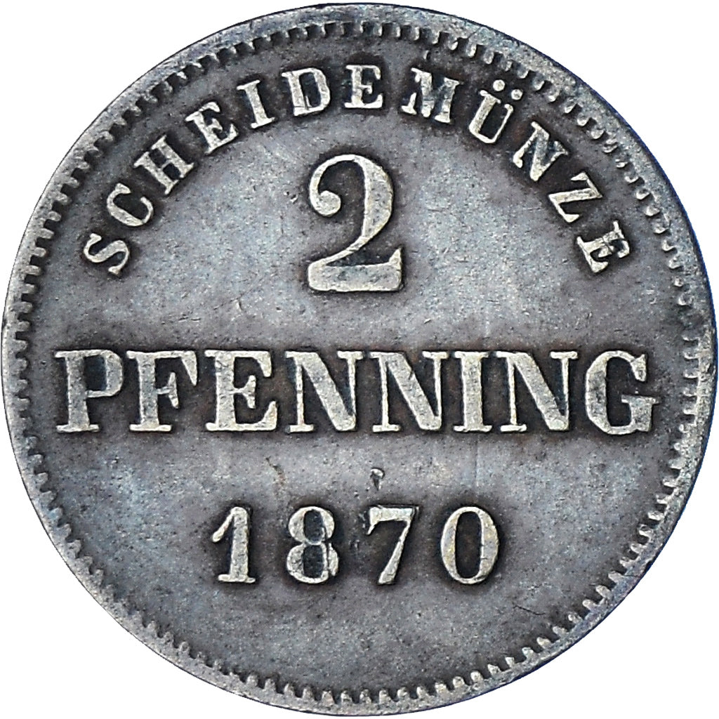 Moneda, Estados alemanes, BAVARIA, Ludwig II, 2 Pfennig, 1870, MBC, Cobre