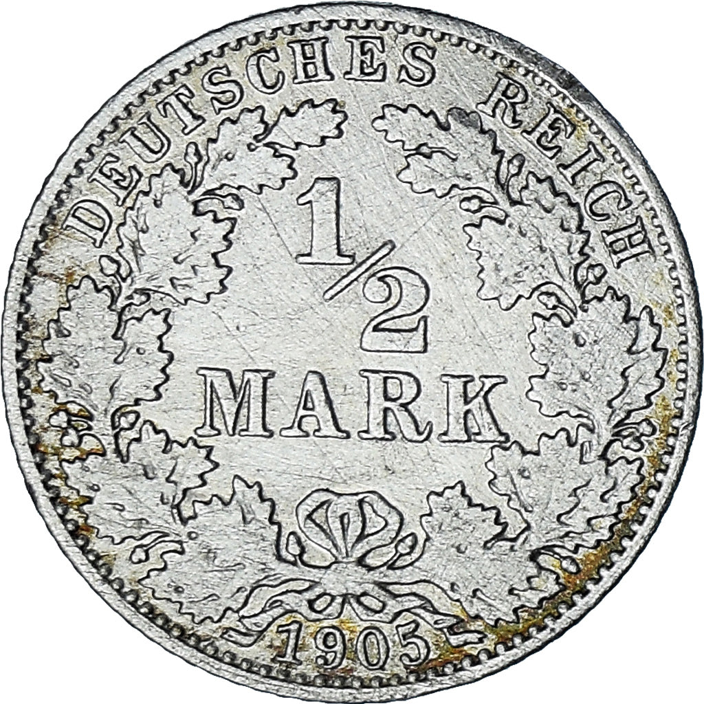 Coin, GERMANY - EMPIRE, 1/2 Mark, 1905, AU(50-53), Silver, KM:17