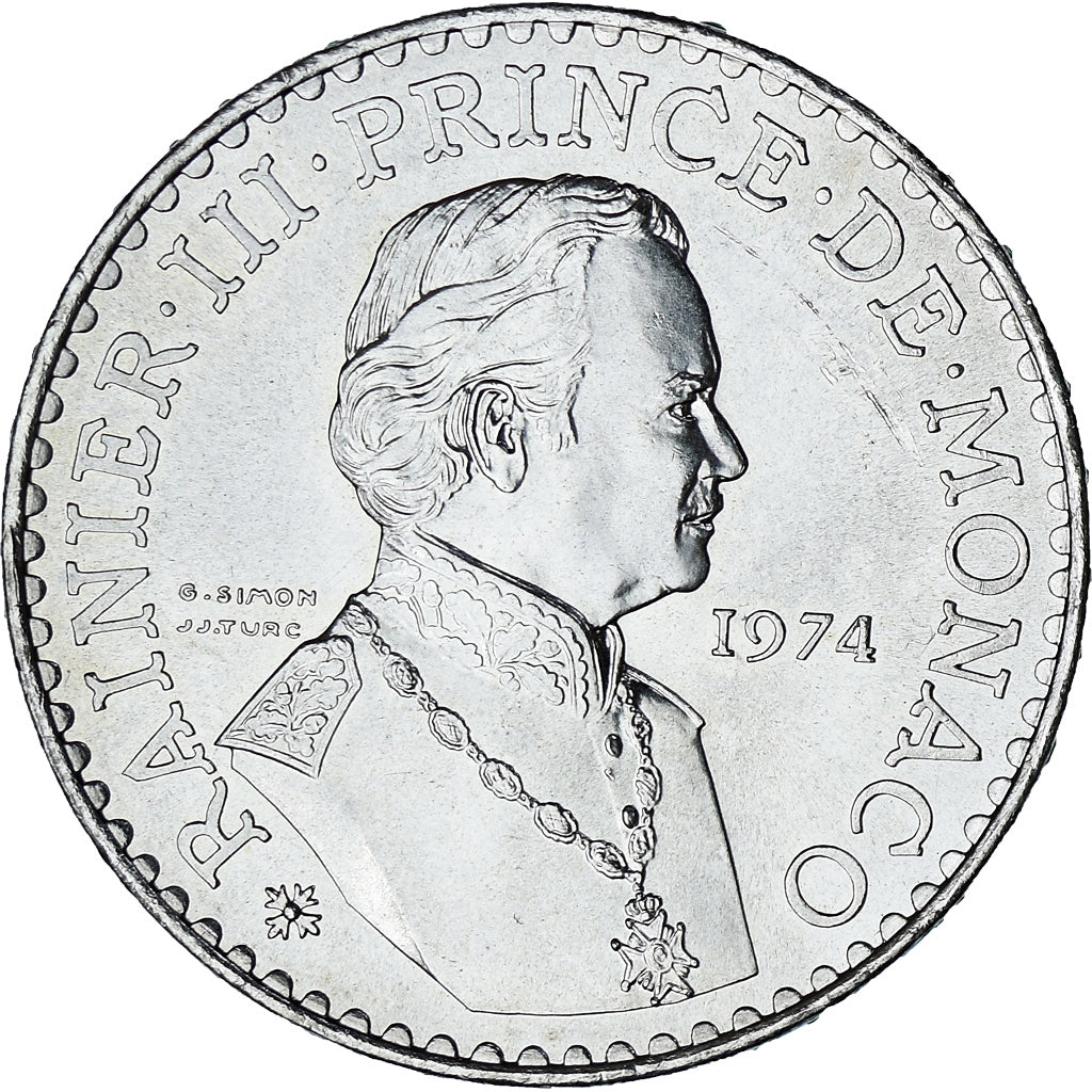 Coin, Monaco, Rainier III, 50 Francs, 1974, MS(60-62), Silver, KM:152.1