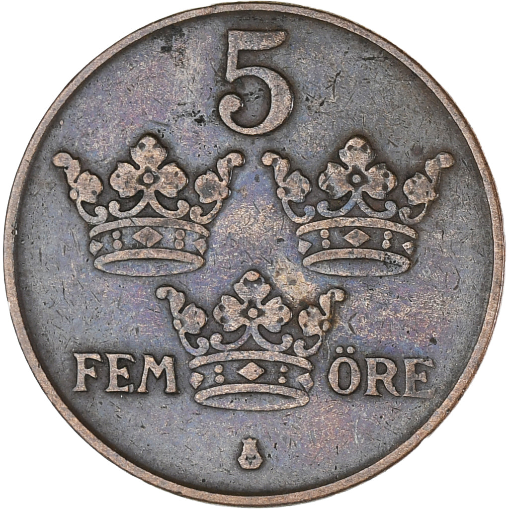Moneta, Svezia, Gustaf V, 5 Öre, 1929, BB, Bronzo, KM:779.2