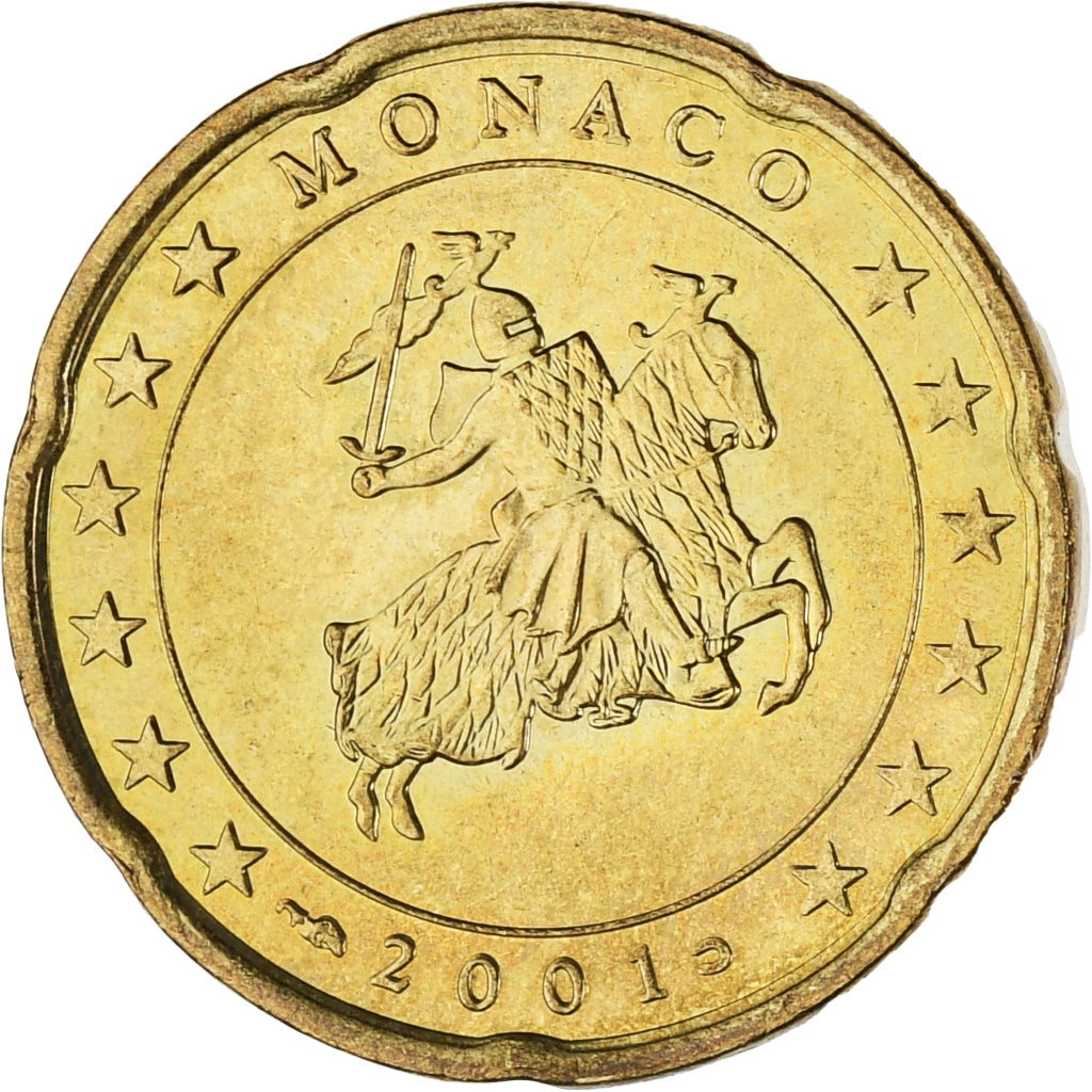 Monaco, Rainier III, 20 Euro Cent, 2001, Paris, MS(63), Brass, KM:171