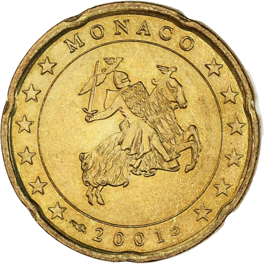 Monaco, Rainier III, 20 Euro Cent, 2001, Paris, MS(63), Brass, KM:171