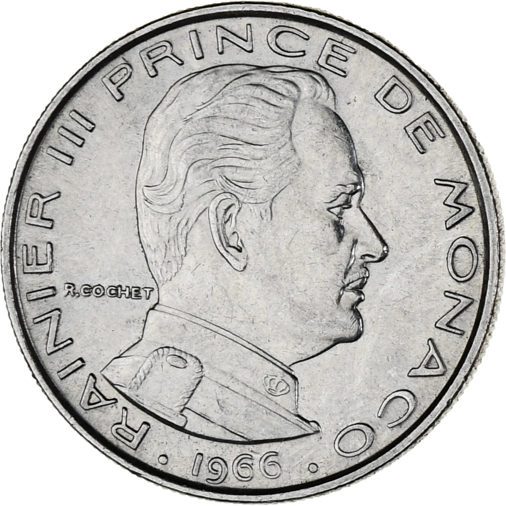 Moeda, Mónaco, Rainier III, Franc, 1966, MS(63), Níquel, KM:140, Gadoury:MC
