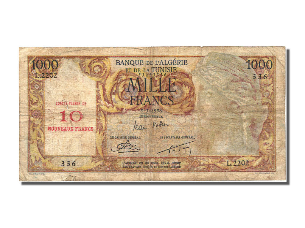 Banknote, Algeria, 10 NF on 1000 Francs, 1958, 1958-05-05, VF(20-25)