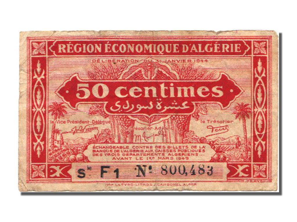 Algeria, 50 Centimes, 1944, KM #100, 1944-01-31, EF(40-45), F