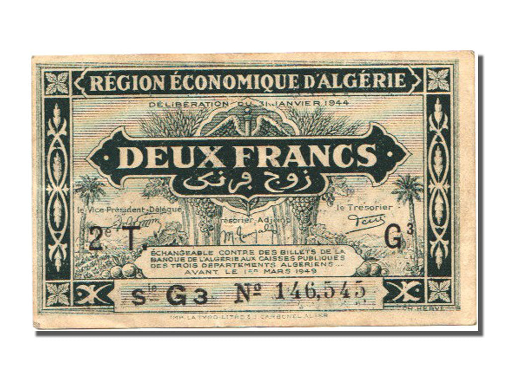 Algeria, 2 Francs, 1944, KM #102, 1944-01-31, UNC(60-62), G