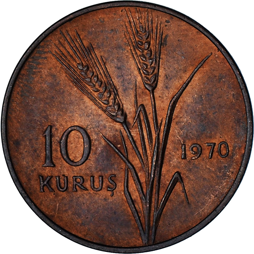 Turkije, 10 Kurus, 1970, ZF, Bronzen, KM:891.2