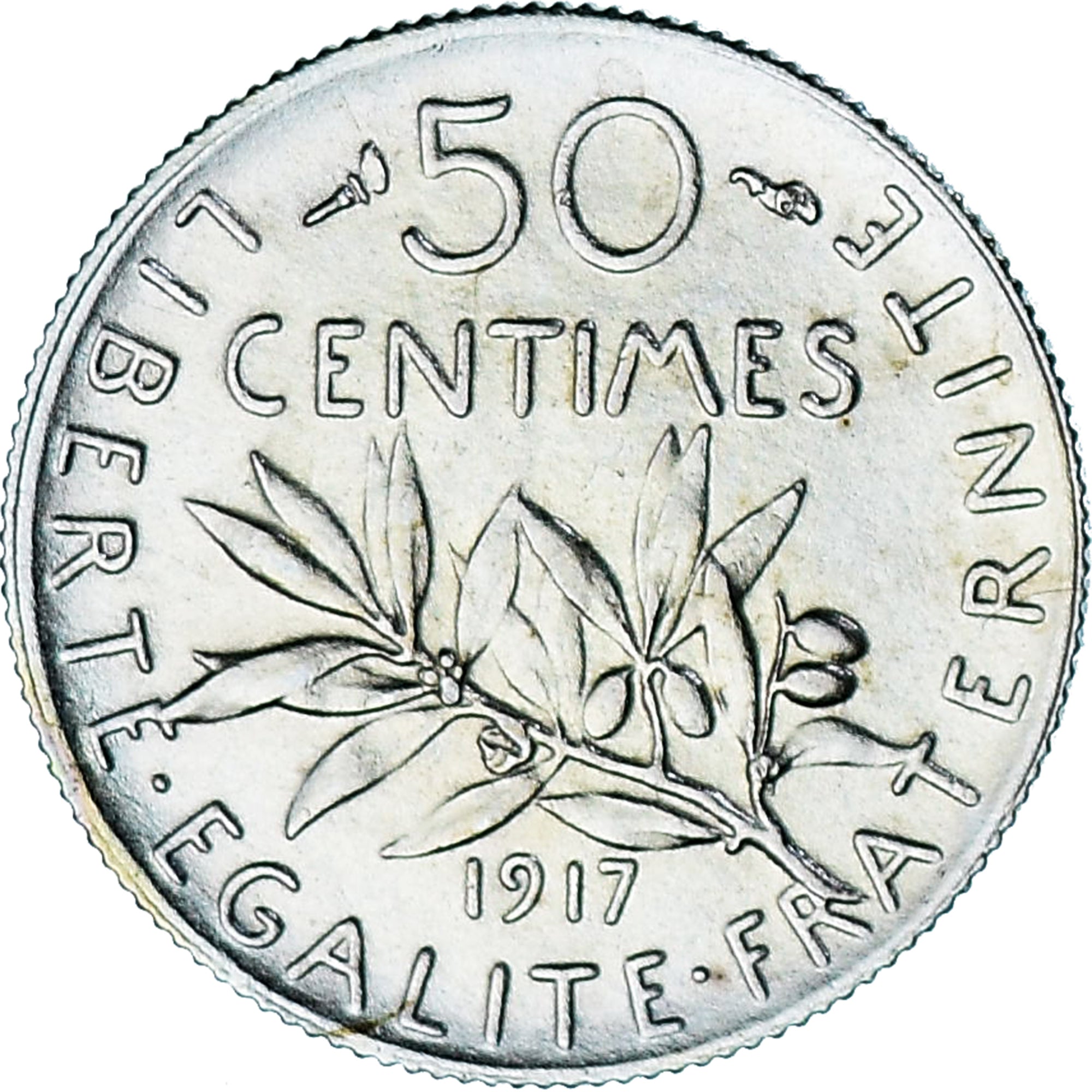 France, Semeuse, 50 Centimes, 1917, Paris, MS(63), Silver, KM:854, Gadoury:420