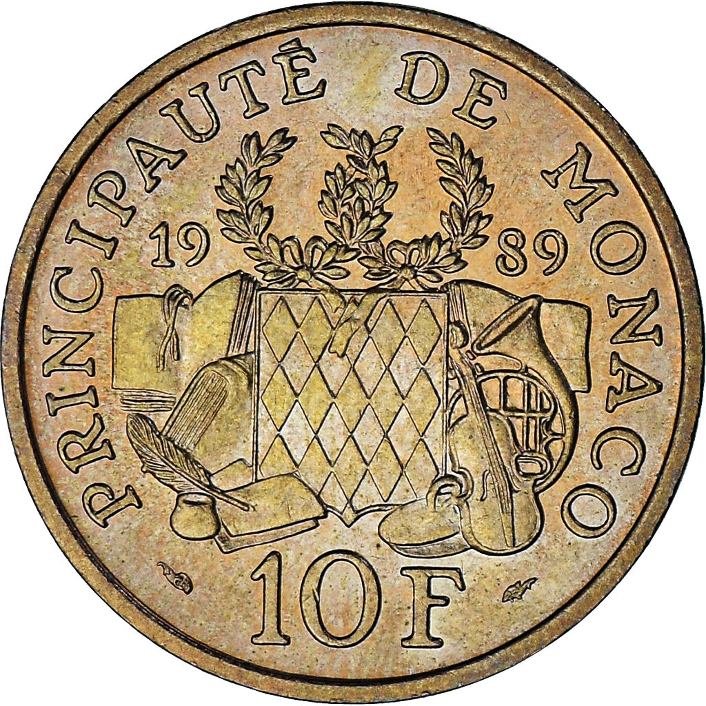 Monaco, Rainier III, 10 Francs, 1989, MS(63), Nikiel-Aluminium-Brąz, KM:162