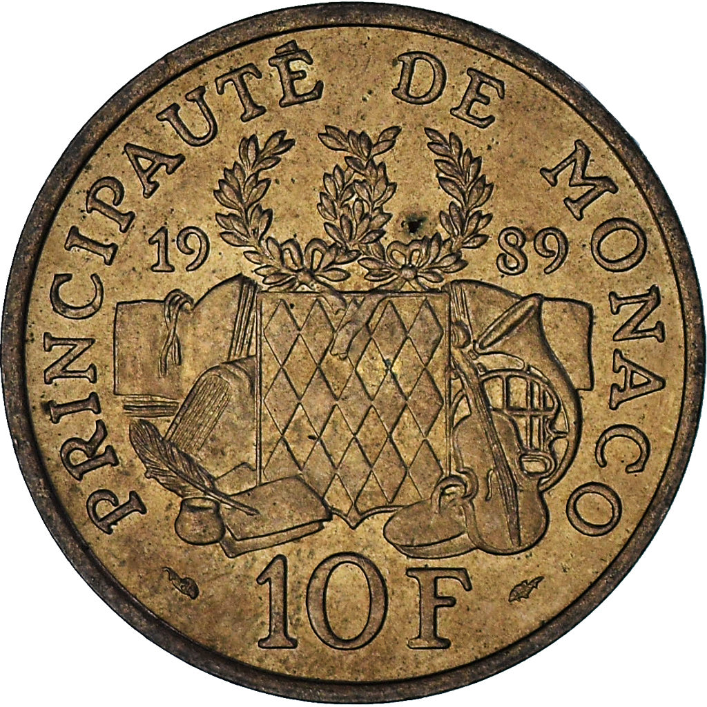 Monaco, Rainier III, 10 Francs, 1989, EF(40-45), Nikiel-Aluminium-Brąz, KM:162