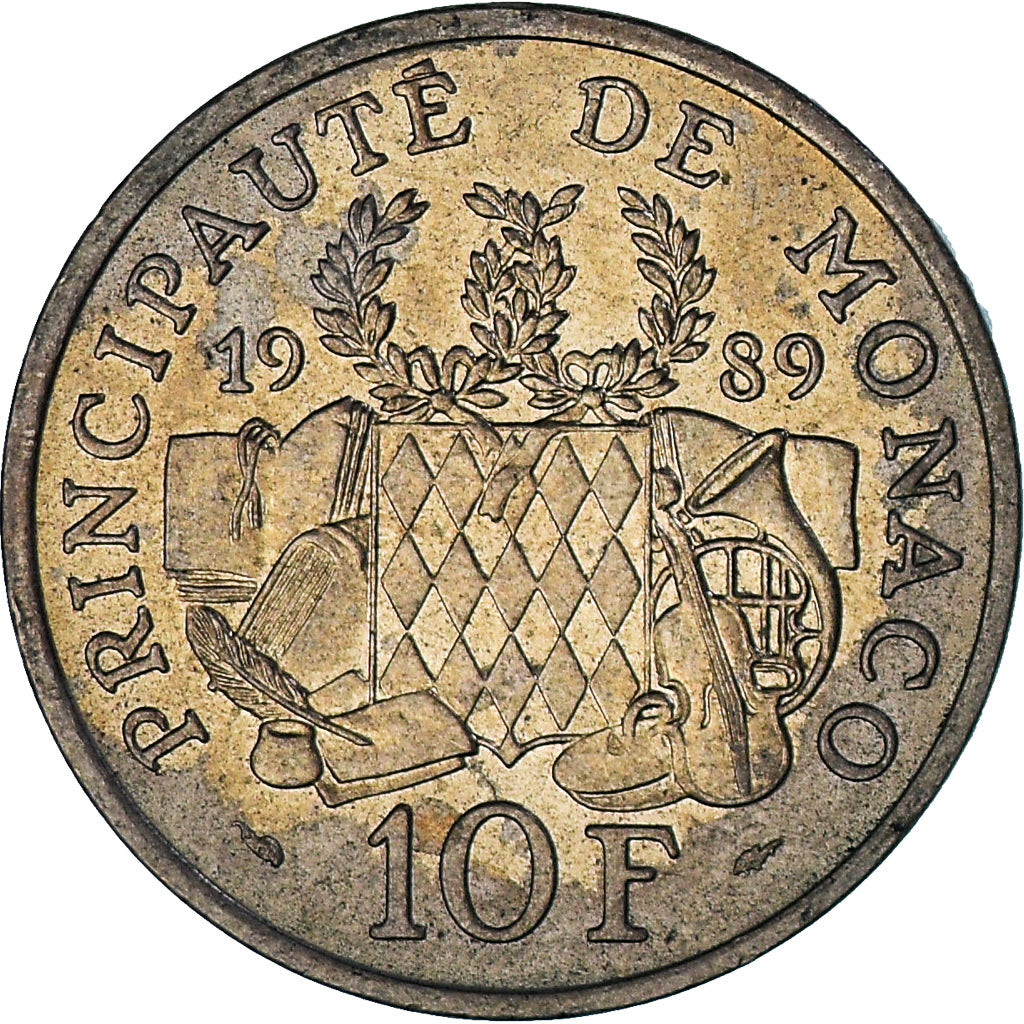 Monaco, Rainier III, 10 Francs, 1989, EF(40-45), Nikiel-Aluminium-Brąz, KM:162