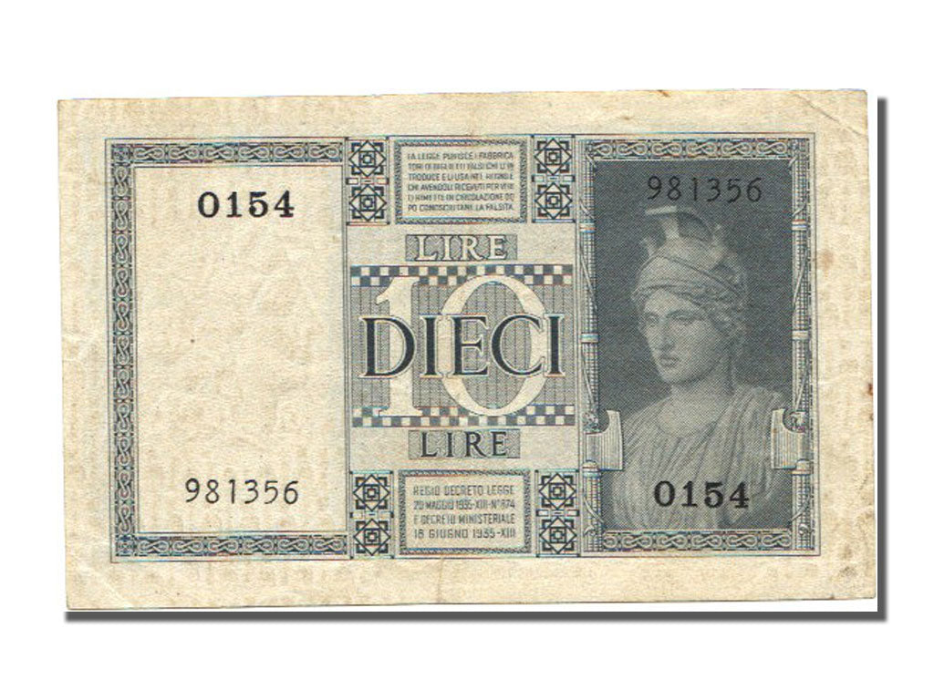 Italy, 10 Lire, 1935, KM #25a, AU(50-53), O
