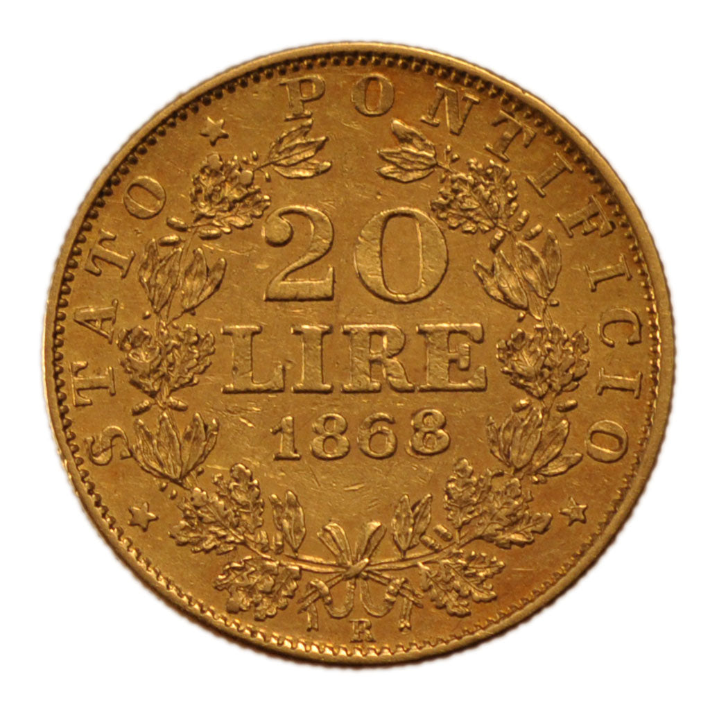 STATI ITALIANI, PAPAL STATES, Pius IX, 20 Lire, 1868, Roma, BB+, Oro, KM:1382.4