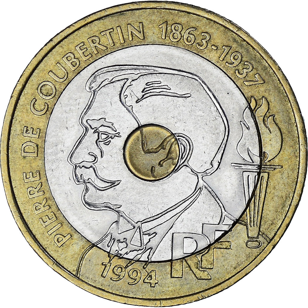 Frankrijk, 20 Francs, Pierre de Coubertin, 1994, Tri-Metallic, PR, Gadoury:873