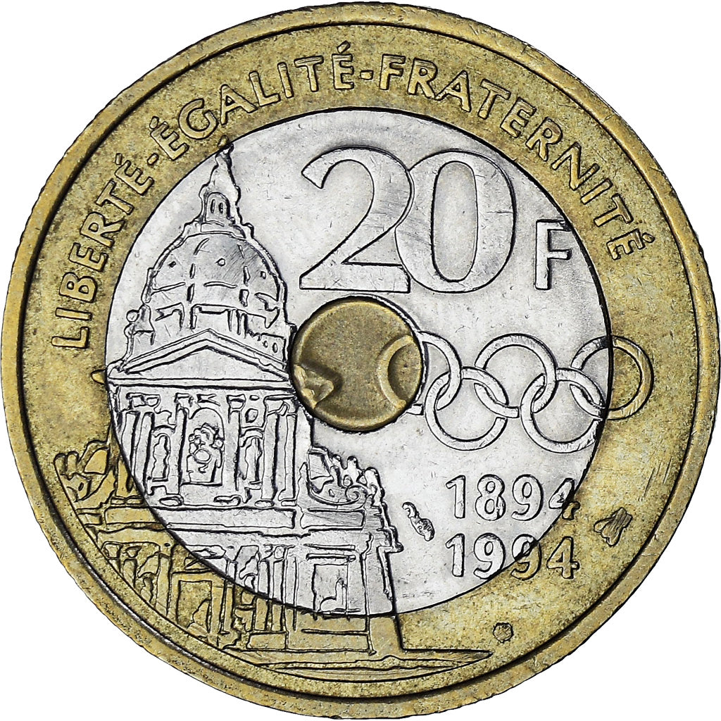 Frankrijk, 20 Francs, Pierre de Coubertin, 1994, Tri-Metallic, PR, Gadoury:873