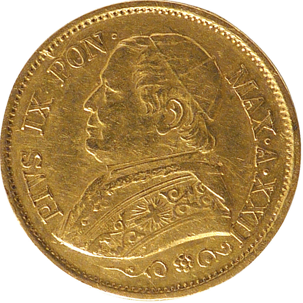 ITALIAN STATES, 10 Lire, 1867, Roma, KM #1381.2, EF(40-45), Gold, 3.18