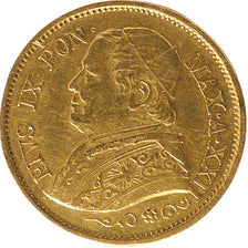 ITALIAN STATES, 10 Lire, 1867, Roma, KM #1381.2, EF(40-45), Gold, 3.18